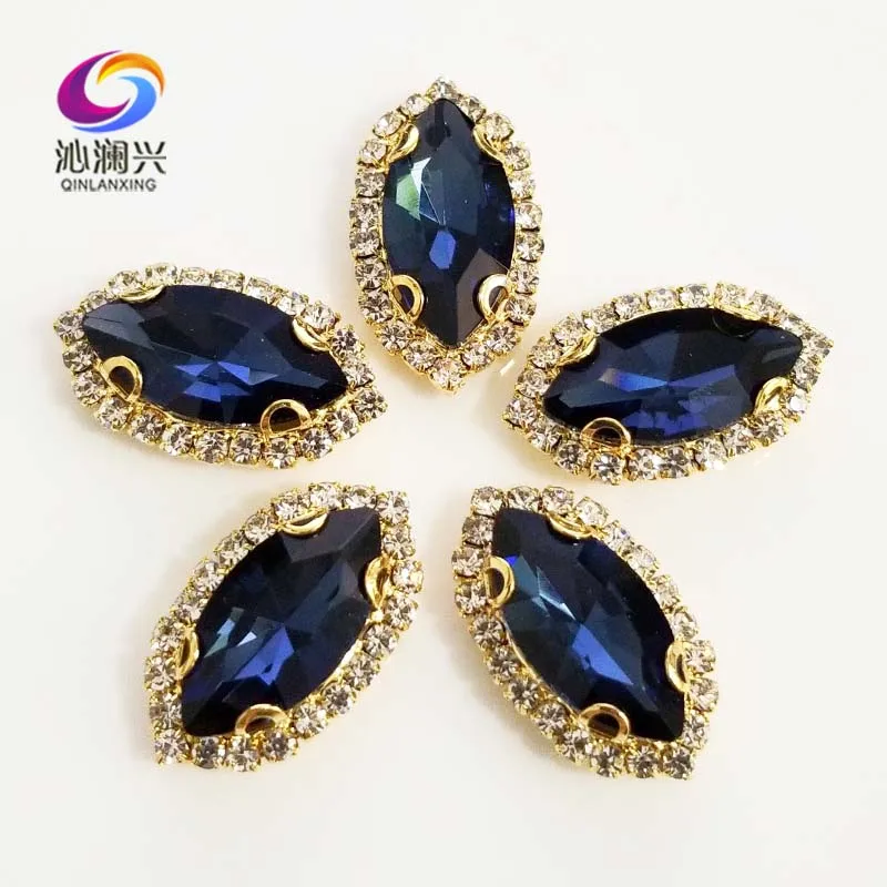 Gold Bottom Ink Blue Color Glass Crystal Rhinestones, Eye Shape Sew on Buckle, Used for Needlework, Diy Sewing Accessories