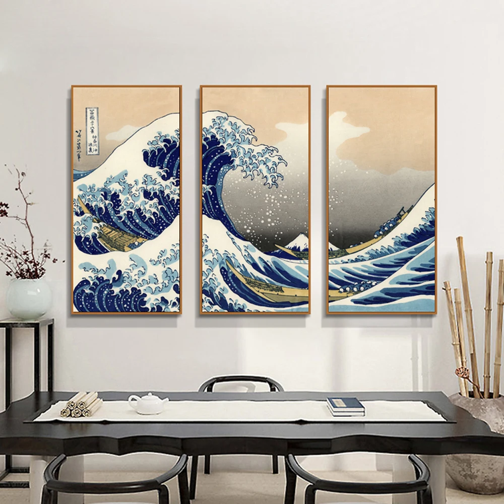 3pcs/set The Great Wave off Kanagawa Traditional Japanese Painting ,Popular Seascape Combination Painting,Unframed Print Poster