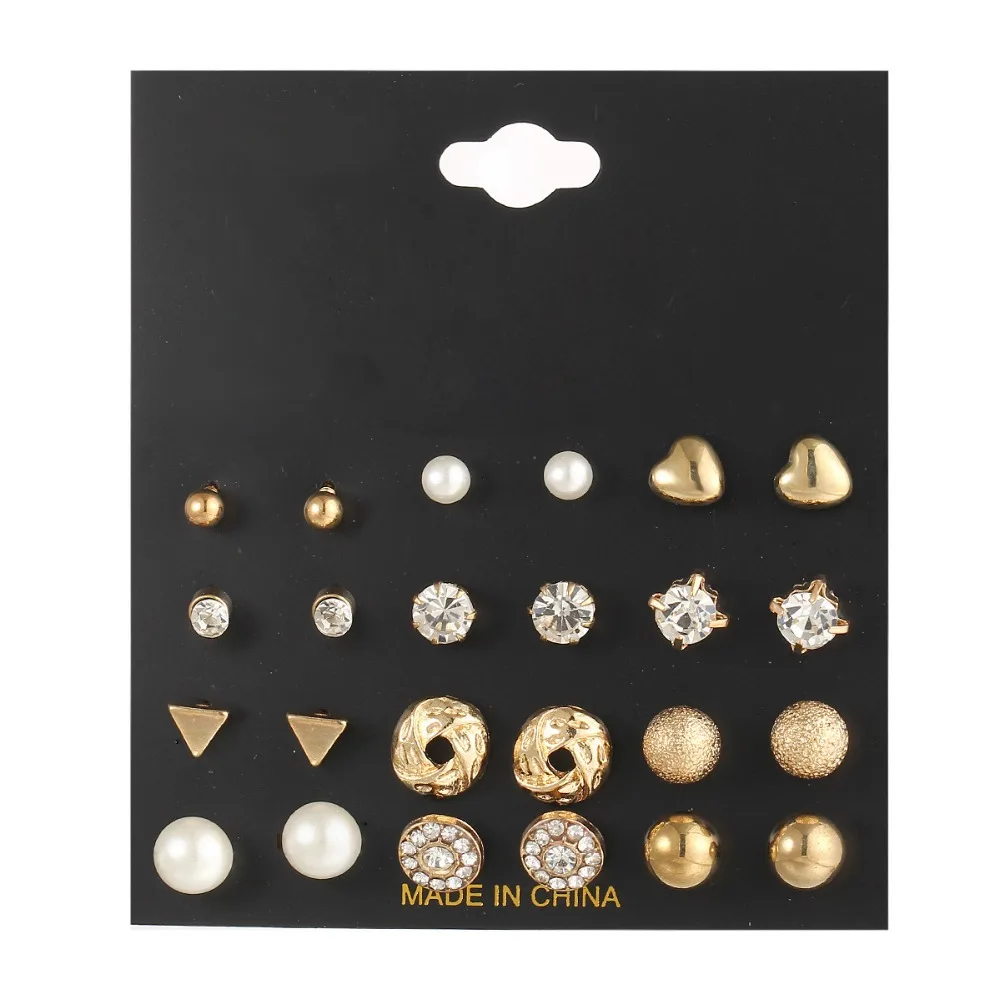 12 pairs/set Stud Earrings Sets For Women Fashion Ear Jewelry Crystal Ball Heart Simulated Pearls Brincos Triangle