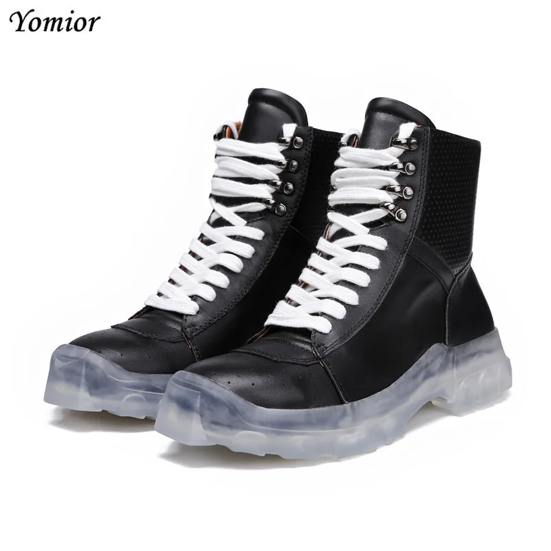 

Yomior Genuine Leather Lace-Up Platform Catwalk High Boots Breathable Elastic Slim Luxury Boots Casual Men Ankle Boots