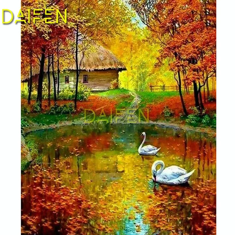 Full Round Diamond painting Cross stitch 5D DIY Diamond embroidery Full Square Diamond mosaic forest pool fallen swan house