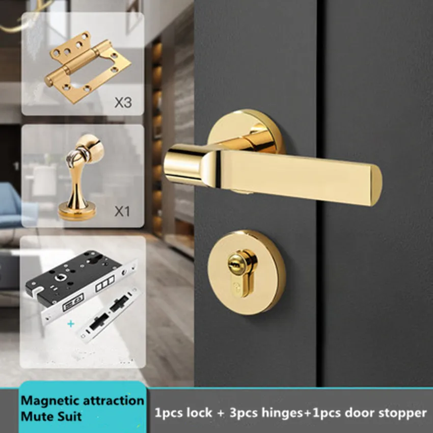 Modern Fashion Luxury Gold Silent Magnetic Interior Door Lock Black Bedroom Study Solid Wood Door Handle Lock Hinge Door Stopper