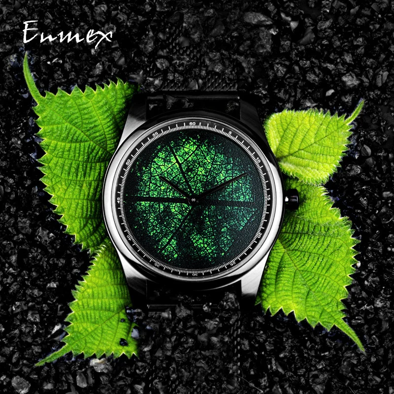 Enmex design wristwatch 3D leaf vein creative design stainless steel Oil Painting face clock fashion quartz clock men watch