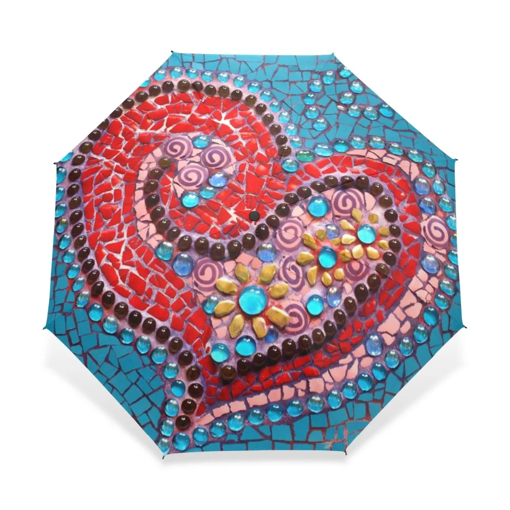 

Brand Automatic Umbrella Rain Women Heart Print Anti-UV Three Folding Umbrella Ladies Parasol Strong Wind Resistant Parapluie