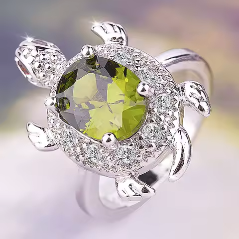 Female Big Olive Green Turtle Ring Retro Silver Color Crystal Zircon Stone Rings For Women Wedding Jewelry Valentine's Day Gift