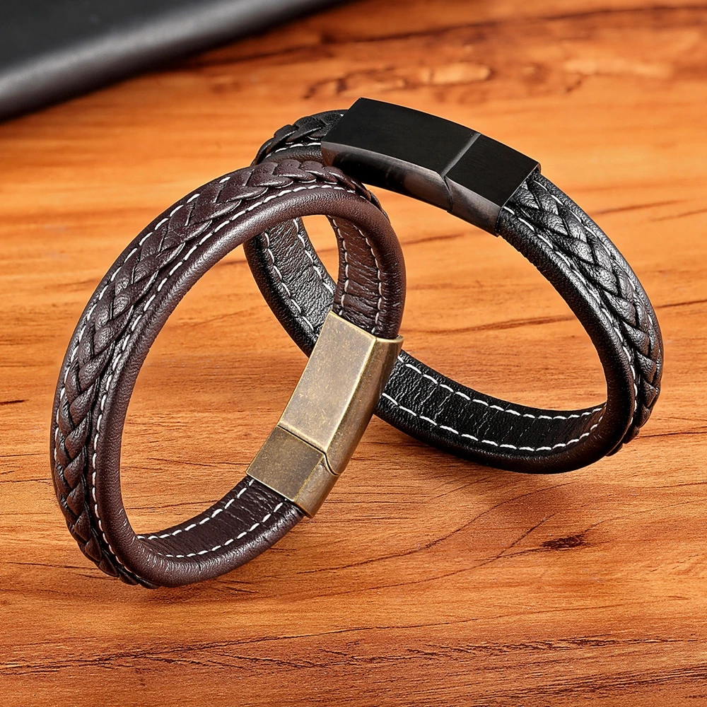XQNI Trendy Grid Texture Bracelet Vintage Buckle Genuine Leather Bracelet For Homme Black/Rose Color Accessories Jewelry