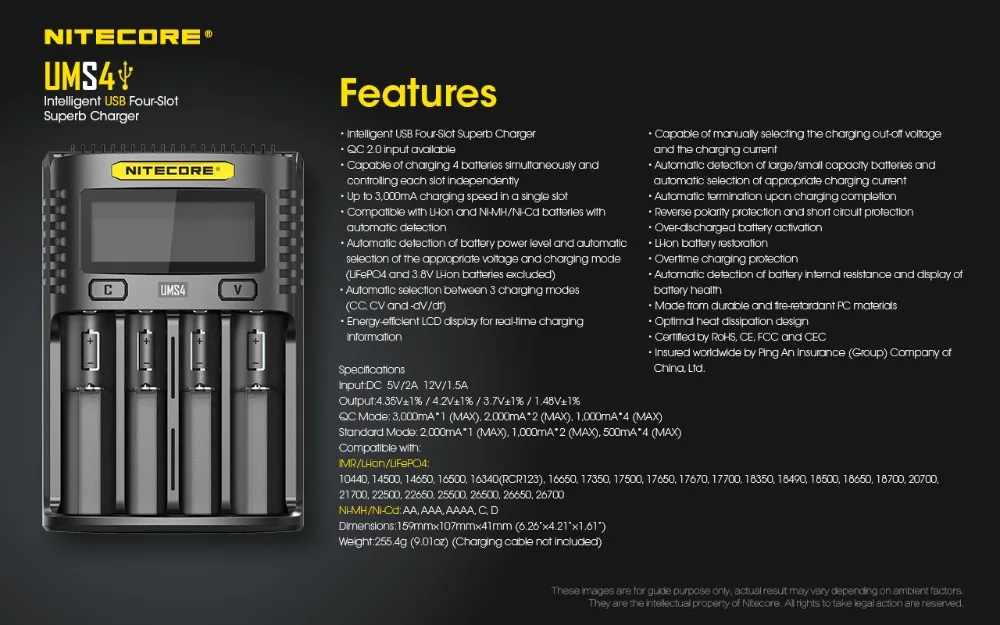 NITECORE UMS4 UMS2 VC4 LCD Smart Battery Charger for Li-ion/IMR/INR/ICR/LiFePO4 18650 14500 26650 AA 3.7 1.2V 1.5V Batteries D4