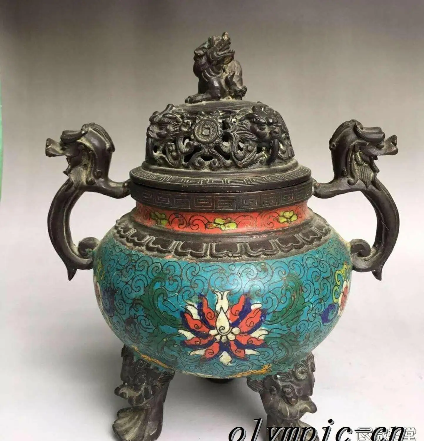 10''bronze gold cloisonne enamel Flower Figure dragon lion incense burner statue