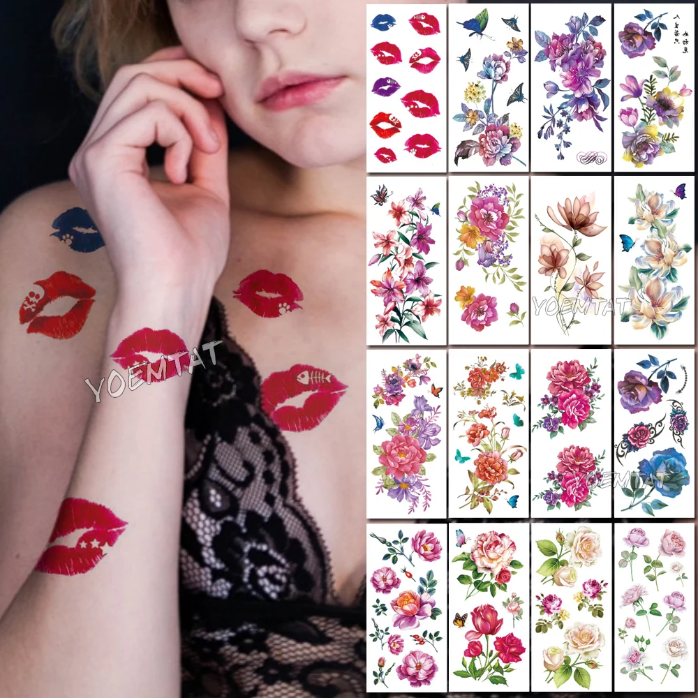 

Red Rose Lips Body Art Waterproof Fake Tattoo Flowers For Women Flash Water transfer Temporary Tatoo Stickers