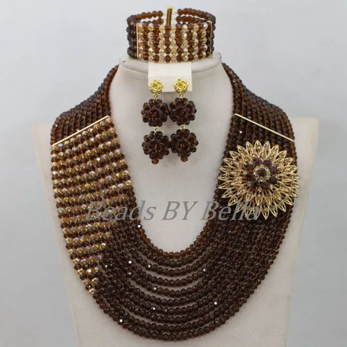 Traditional Brown Crystal Beads African Costume Jewelry Set Nigerian Wedding Necklace Bridal Jewelry Sets Free Shipping ABF824