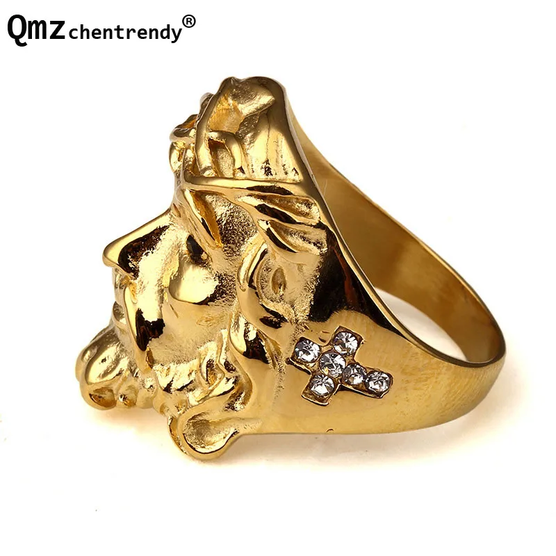 Fashion Stainless Steel Gold Plated Bling Ice Out CZ 3D Christ Jesus Head Piece Ring Hip Hop  Size 6-12 For Men Women Jewelry