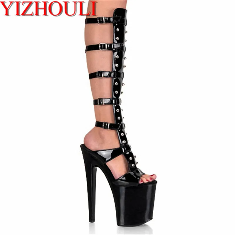 

8 inch sexy rivets cool boots 20cm Knee High Boots Gorgeous High Heels black open toe summer Dance Shoes gladiator sandal boots