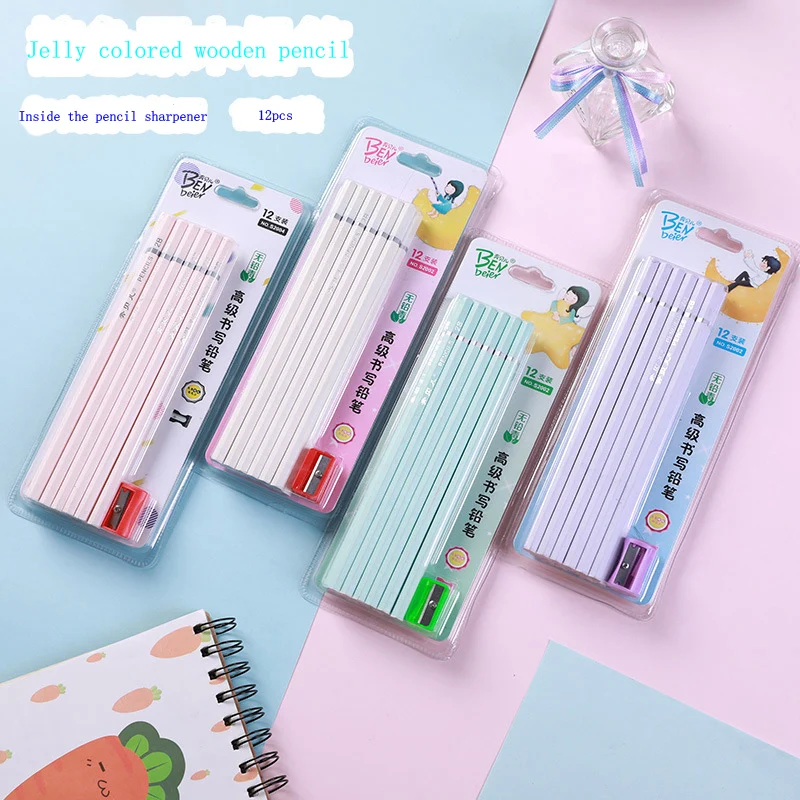 12 pcs / set of cute kawaii cartoon jelly pencil 2B standard sketch project drawing wooden pencil stationery