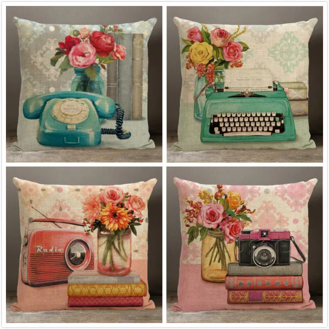 Customized Anime Watercolor pillow cover, cartoon Telephone radio camera throw pillow case Square Throw Pillowcase wholesale