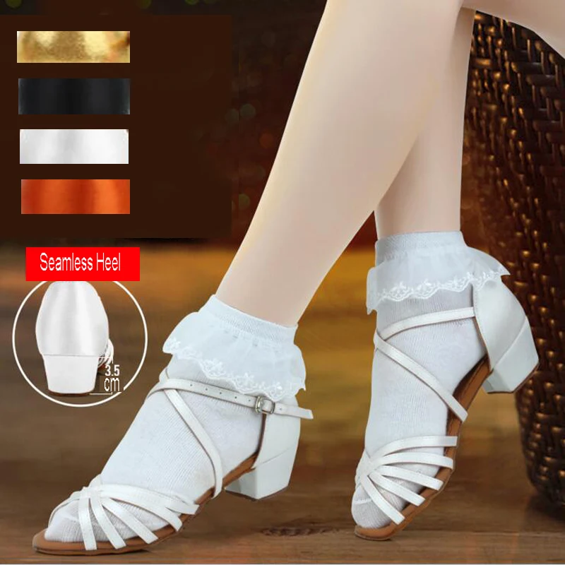 Girls Brand New White Satin Ballroom Shoes Women\'s Low Heel Soft Bottom Latin Dance Shoes Salsa Tango Shoes 24-40