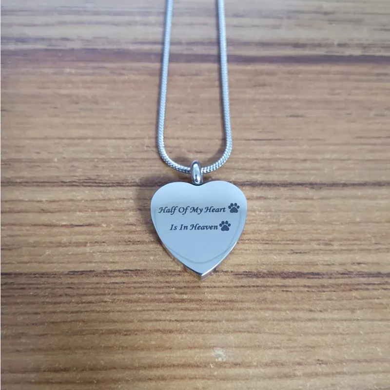 IJD9851 Stainless Steel Pet Dog Cremation Pendant Hold Ashes,Half Of My Heart Is In Heaven Paw Print Dog Memorial Urn Necklace