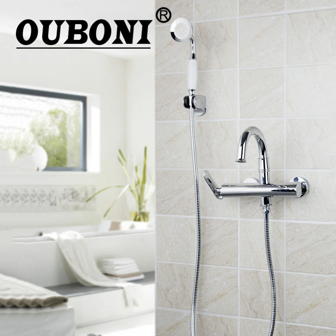 OUBONI Bathtub Wall Mount Ceramics Golden/Chrome +ABS/Ceramice Hand Spray Shower Bathroom Basin Sink Brass Tap Mixer Faucet