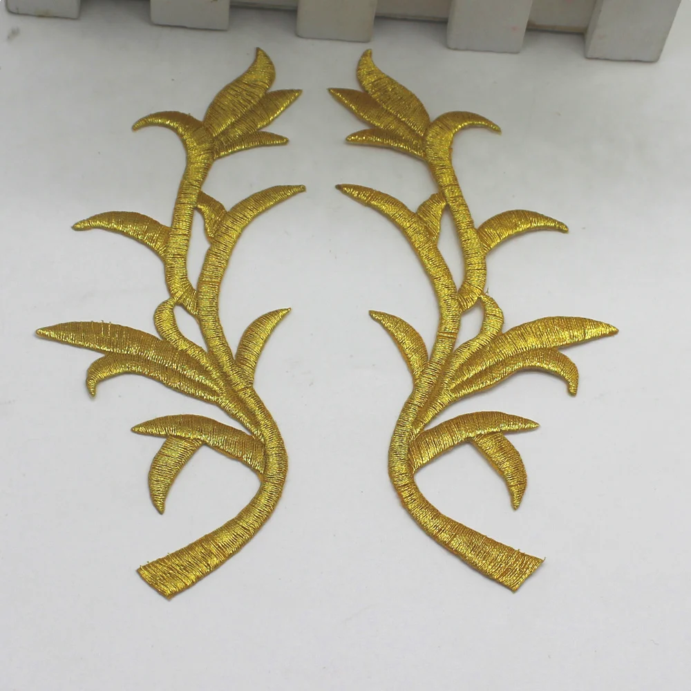 YACKALASI 10 Pairs/Lot Mirror Pair Iron On Flower Gold Embroidery Aplique Golden Metallic Patches 14cm*6cm