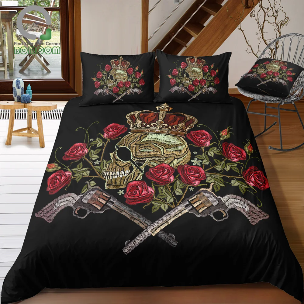 BOMCOM 3D Digital Printing Duvet cover set Embroidery Skull Crown Revolvers Roses Bedding Set 100% Microfiber