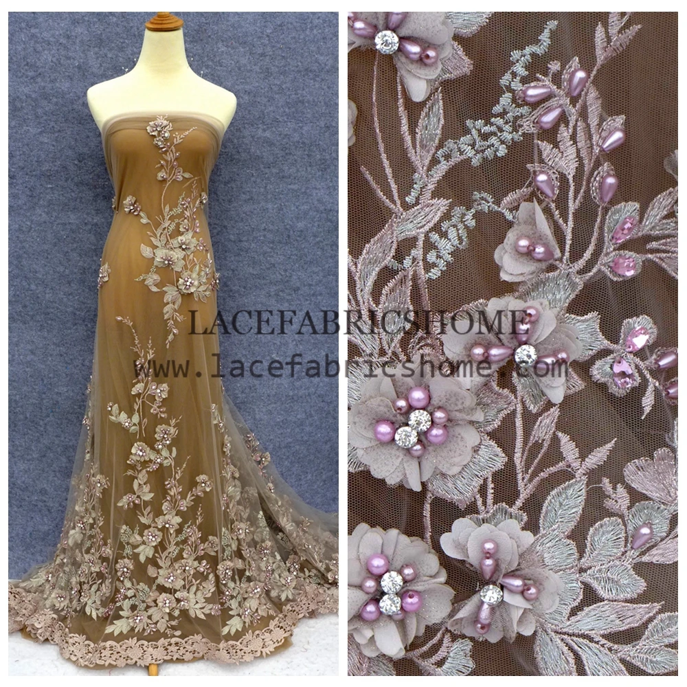 1yard New fashion style yellow/beige/gray pink heavy beads 3d flowers on netting embroidery wedding dress lace fabric