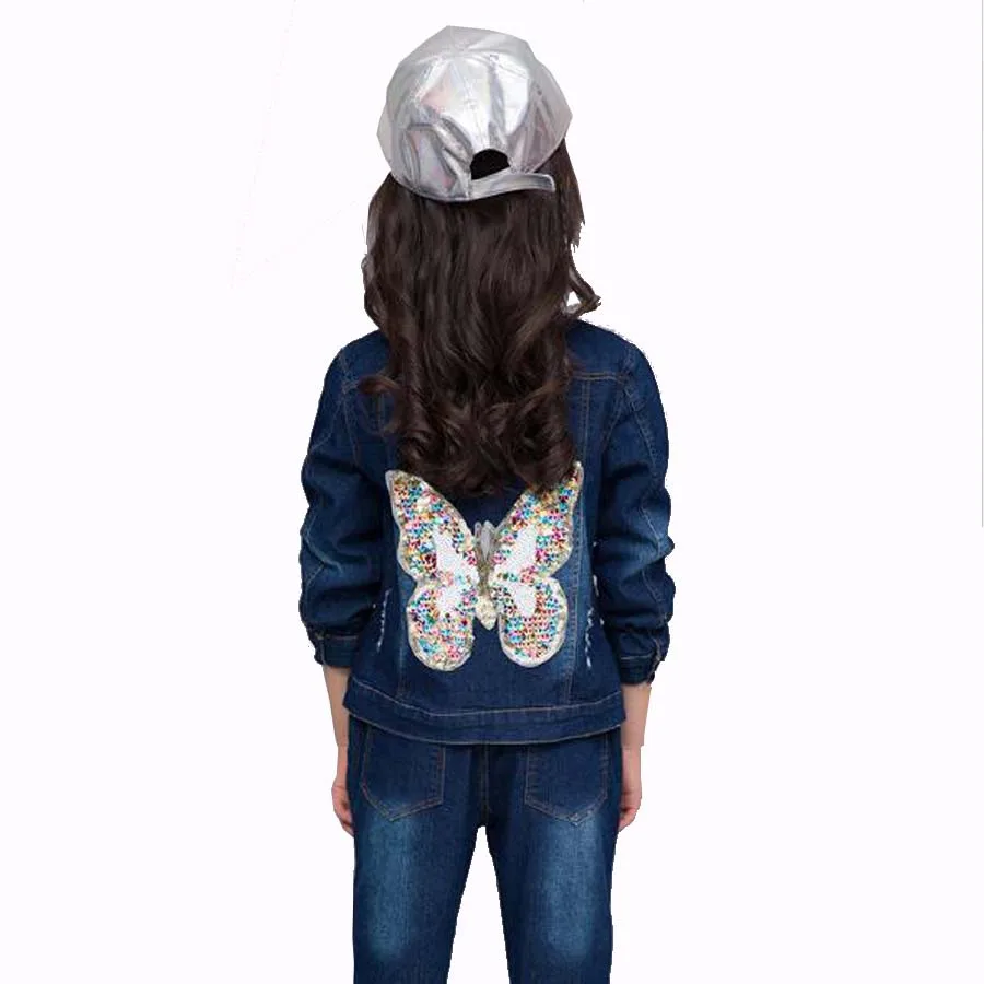 Children clothes kids butterfly cowboy jeans outwear kids cotton jeans jacket top+pants 4-14 Y girls clothing sets girls clothes