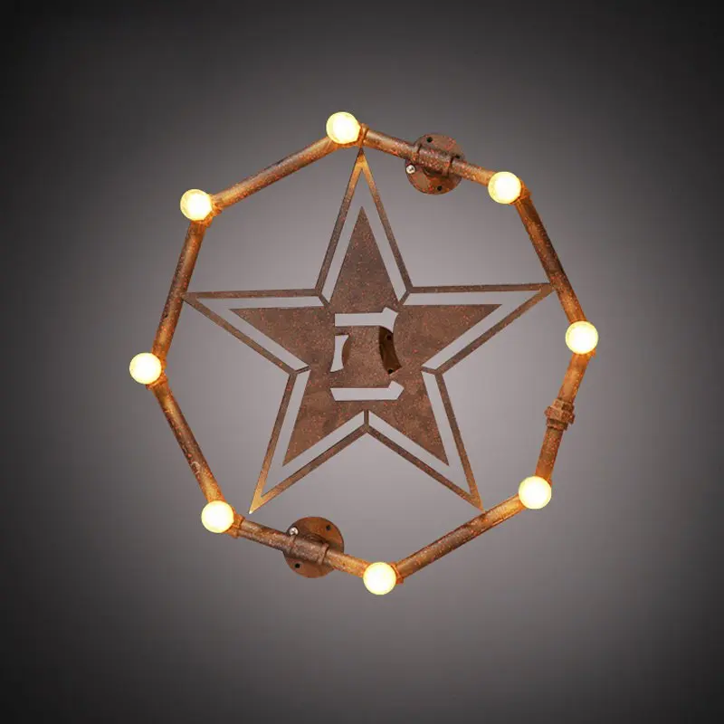 Octangle Metal Tube 3D Star Bar Counter Wall Light Rust Metal Pentacle American Country Rustic Balcony Industrial Wall Lamp