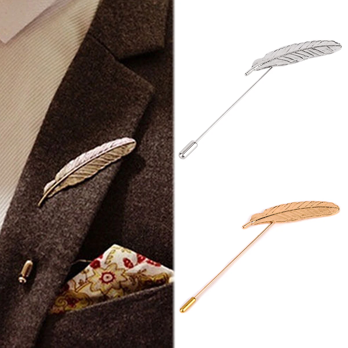 Vintage Men Leaf Feather Suit Tuxedo Lapel Stick Pin Brooch Wedding Party