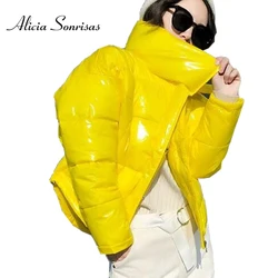 Glossy Winter Down Cotton Padded Jacket For Women Thick Bright Black Short Shiny Jacket Yellow Red Cotton Parkas AS809