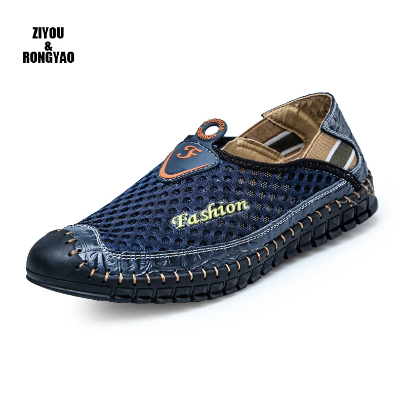 Summer Casual Men Loafers shoes New Men Net Shoes Genuine Leather  Men  Lazy Style slipon Breathable Leisure male shoes  Sandals