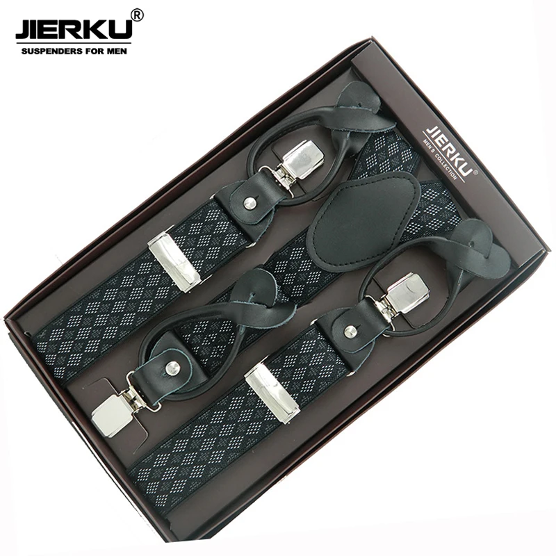 JIERKU Genuine Leather Suspenders Man's Braces 3Clips Suspensorio Buttons Suspenders Trousers Strap Father/Husband's Gift