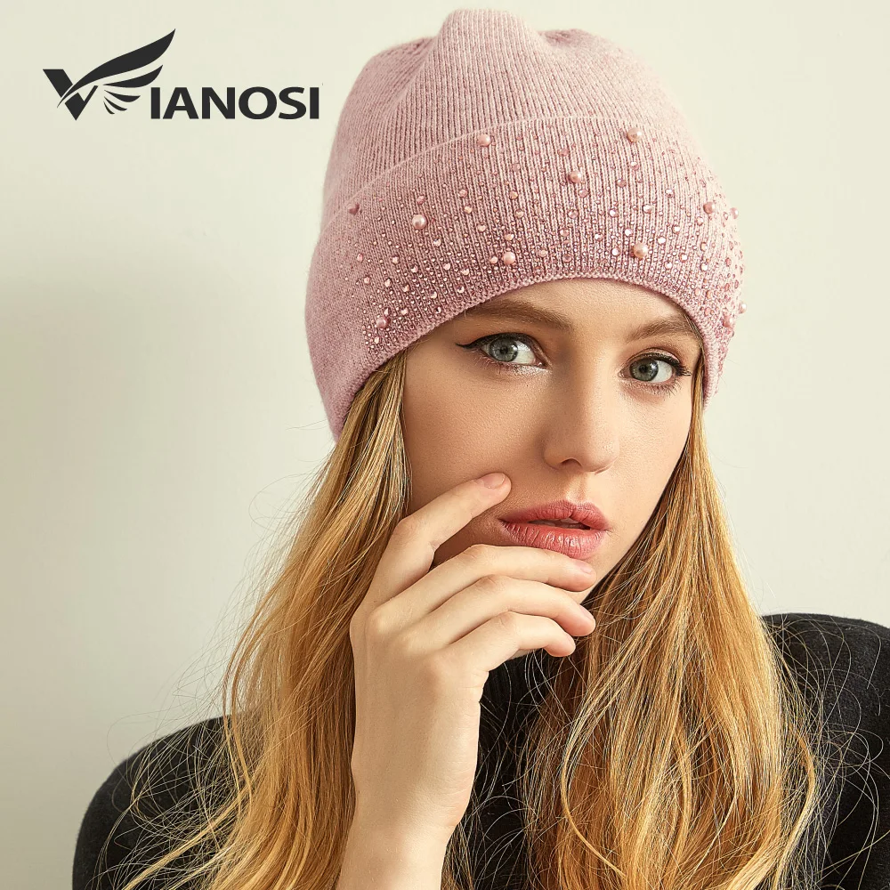 VIANOSI Knitted Winter Hat Women Thick Female Beanies Warm Cap Rhinestone Pearl Wool Hats for Women