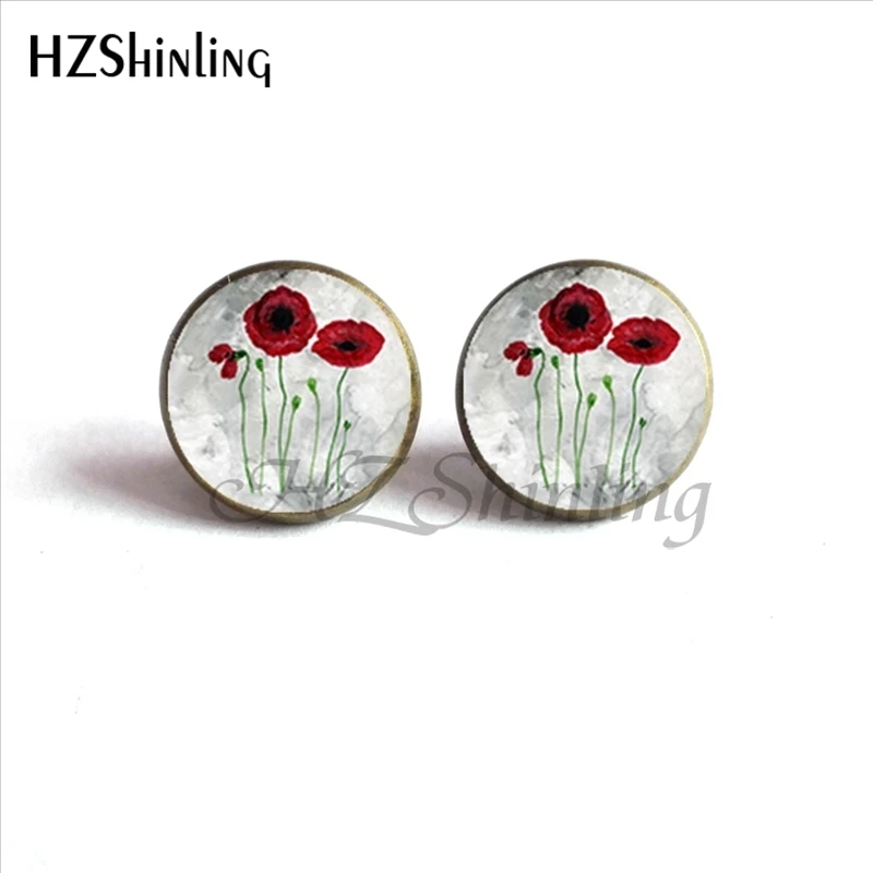 ED-0035 New Arrival Red Flower Art Earrings Handmade Round Glass Dome Field Of Flowers Stud Earrings Wholesale HZ4