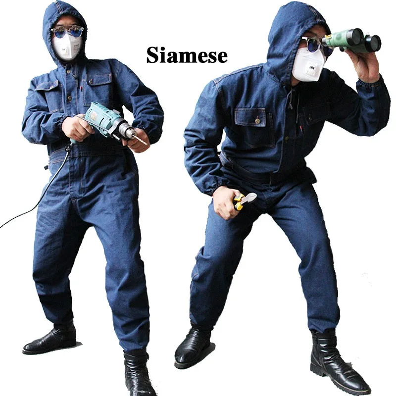 Men Overalls Denim Work Clothing Long Sleeve Hooded Coveralls Labor Overalls Machine Welding Auto Repair Painting M-4xl