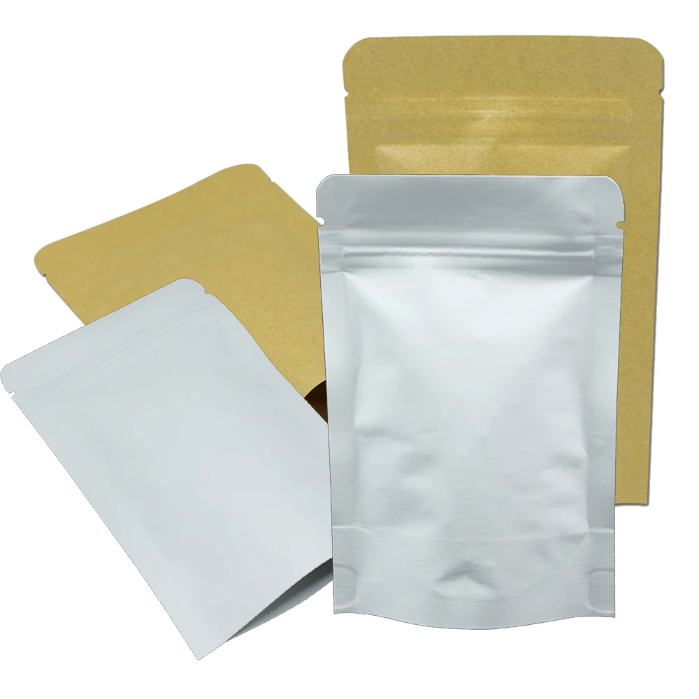 

50pcs/Lot Brown/ White Kraft Paper Foil Zip Lock Resealable Packing Pouch for Biscuits Nuts Package Aluminum Foil Stand Up Bag