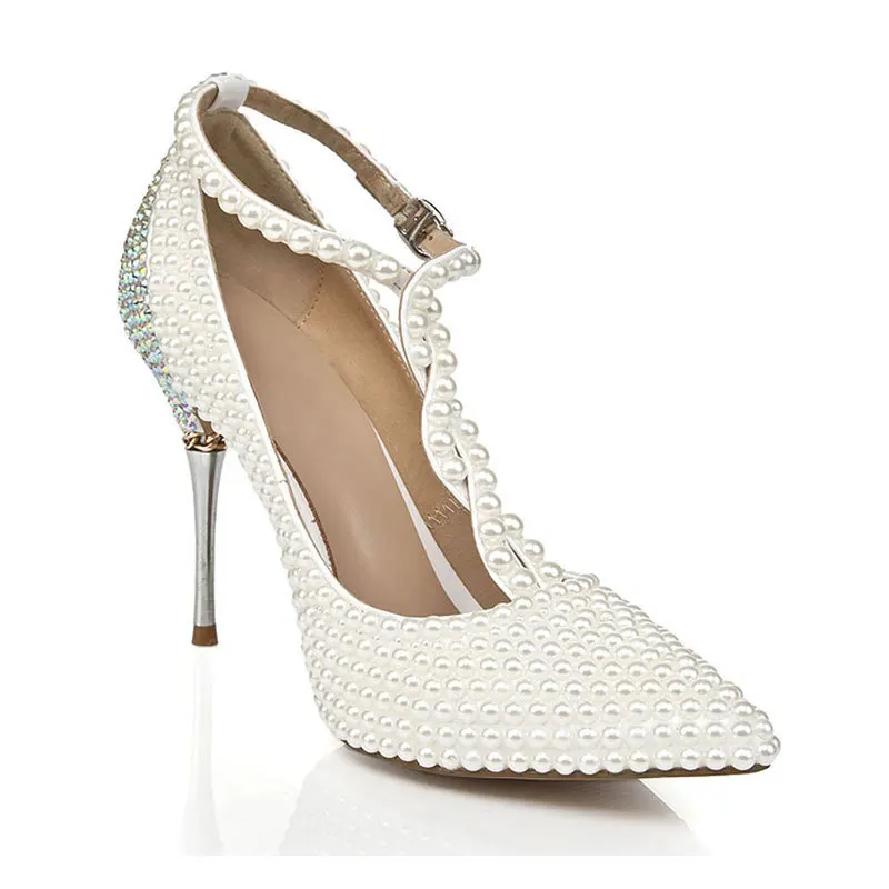 

Women Pumps Wedding Shoes Cross strap fashion spring Hollow metal pearl 10CM Thin High Heels Bling Rhinestone Shoes