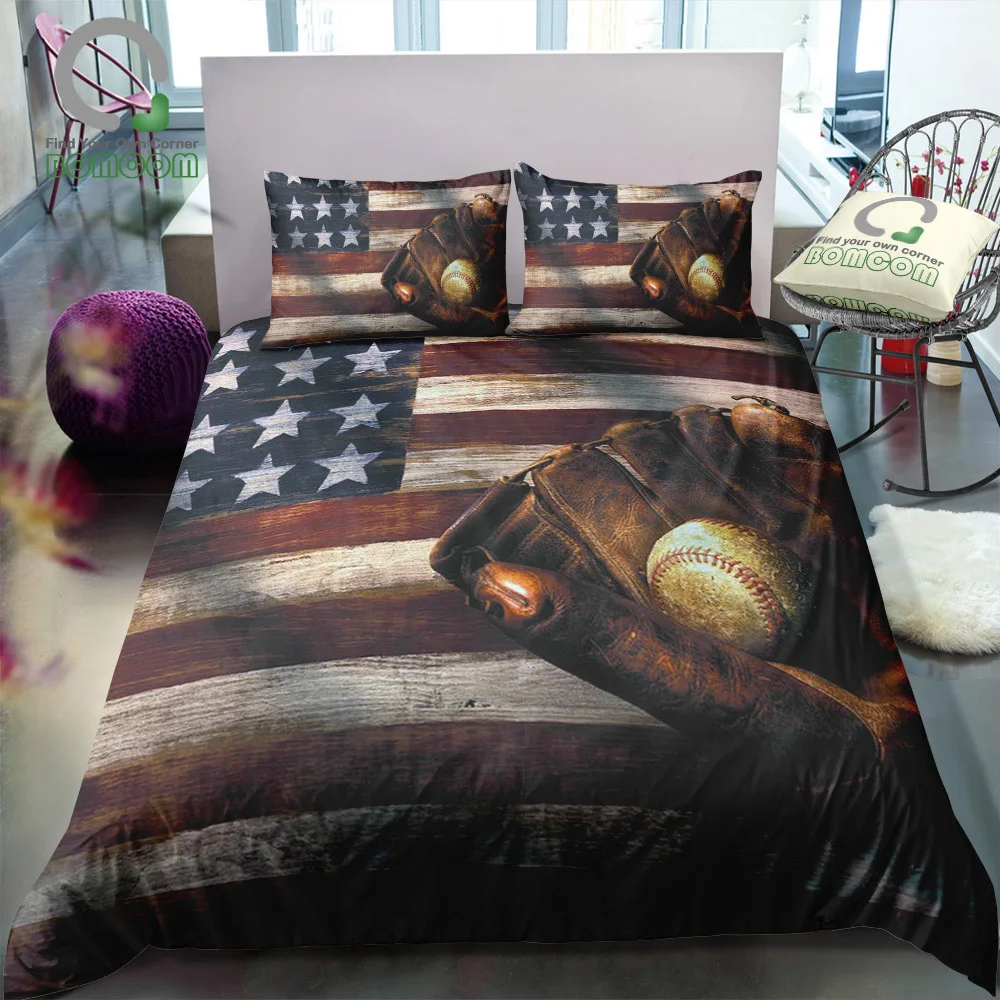 Bomcom 3D Digital Printing Bedding Set Baseball Mitt Stars and Stripes Painting on Wood Duvet Cover Set 100% Microfiber