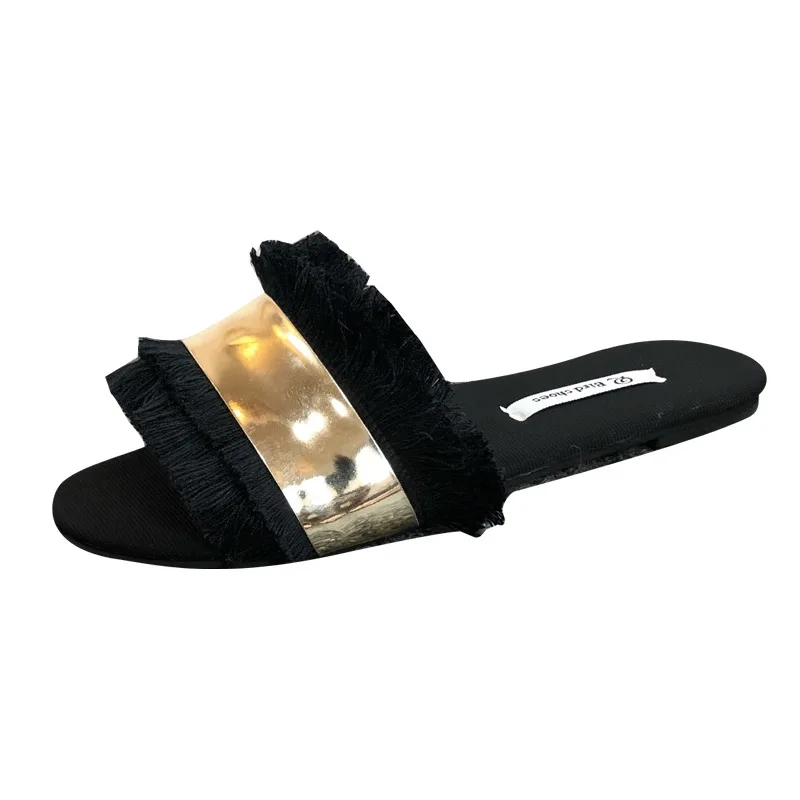 Cozy Shoes Women Slippers Fashion Metal Bling Slides Fur Fringe Flip Flops Summer Flat Slides Outside Ladies Shoes