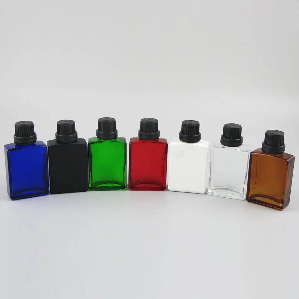 

12 x 30ml 1oz Flat Square Black white clear red blue green Glass Bottle With Silver Black Aluminium lids and Seal