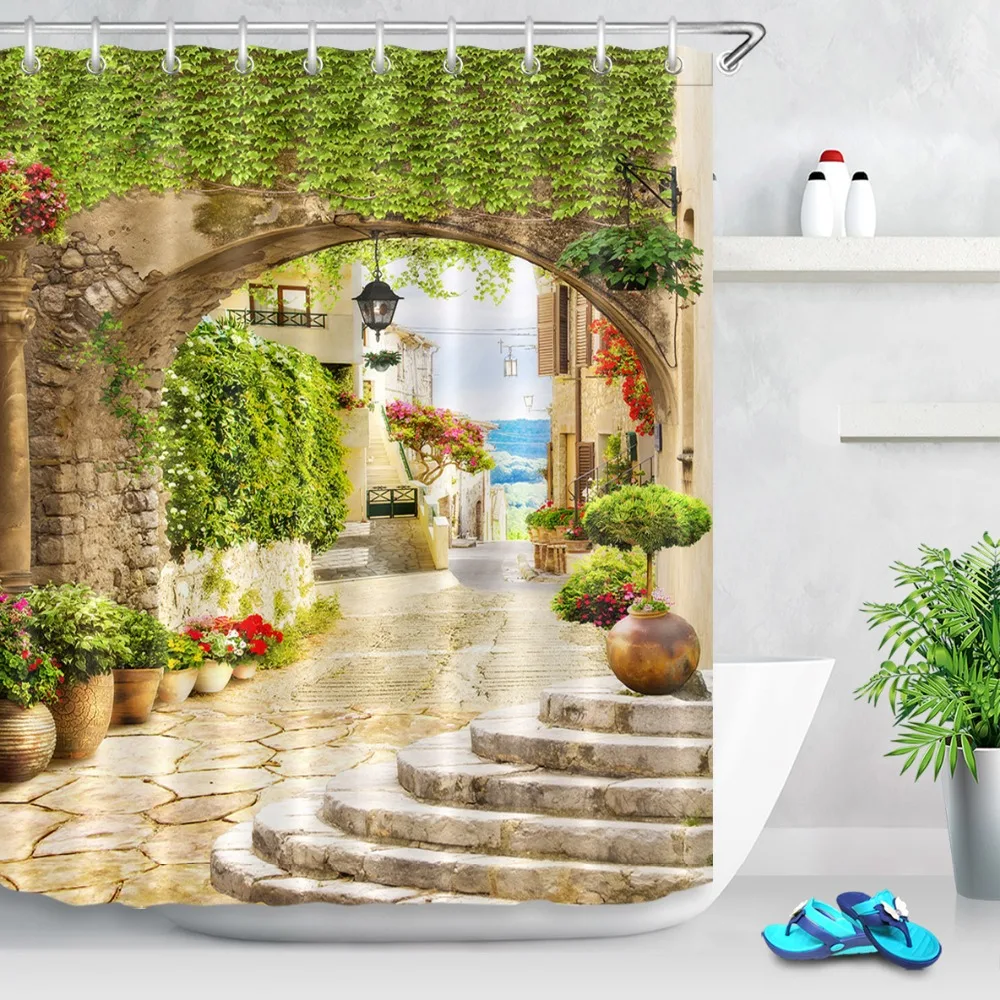 Street with Flowers And Homes Arch Stone Street Digital Scenic Shower Curtains Bathroom Curtain Fabric for Bathtub Decor