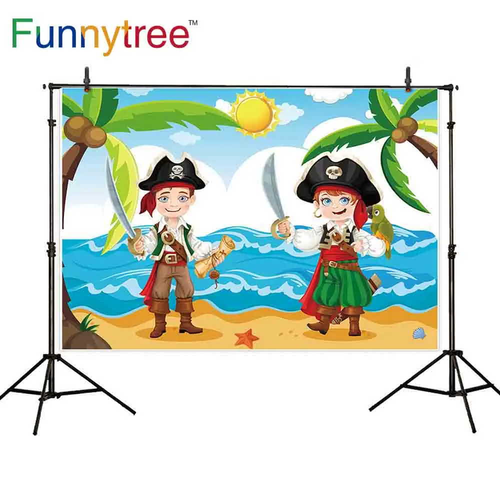 

Funnytree Buccaneer Birthday Backdrops for Boy Photography Cartoon Beach Blue Sky Sea Sun Coconut Tree Summer Photophone Banner