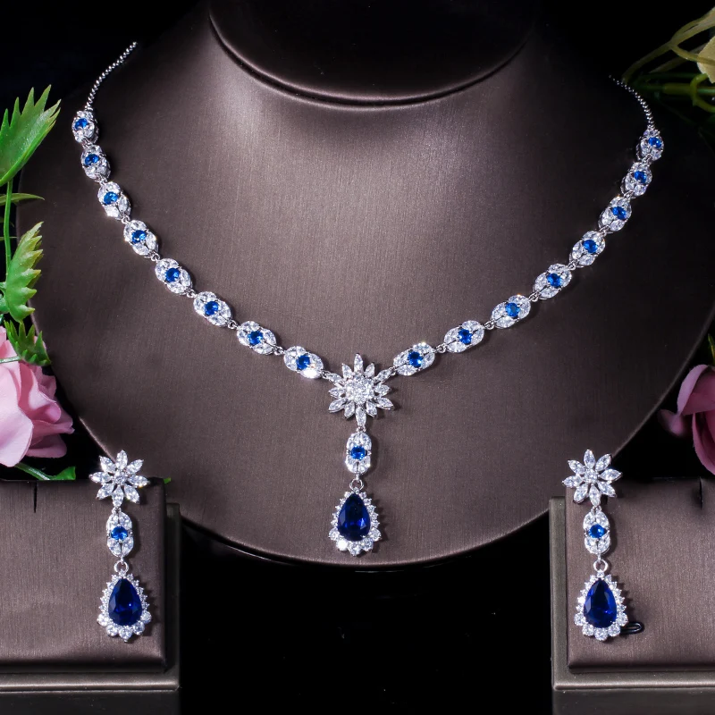 CWWZircons Elegant White Gold Color Flower Water Drop Women Party Wedding Necklace and Earrings Royal Blue CZ Jewelry Sets T184