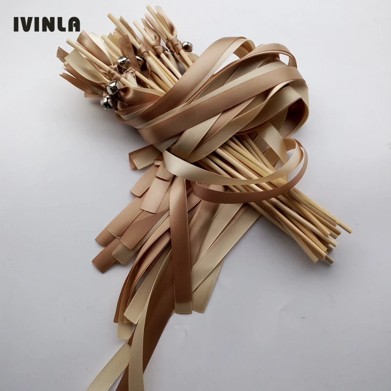 

50pcs/lot Coffe and cream wedding Ribbon Wands With Sliver Bell for wedding decoration