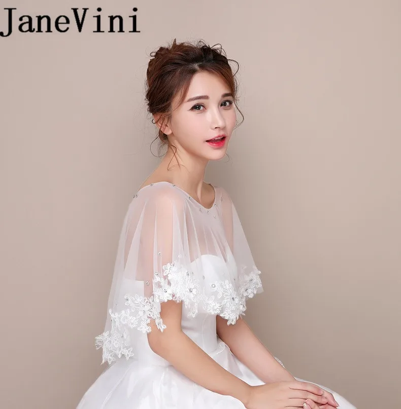 JaneVini Capes Casamento Do Xaile Do Envoltório Bolero Noiva Do Vintage Flores de Renda Frisado Apliques de Cristal Das Mulheres Top Curto Shrug Stoles 2019