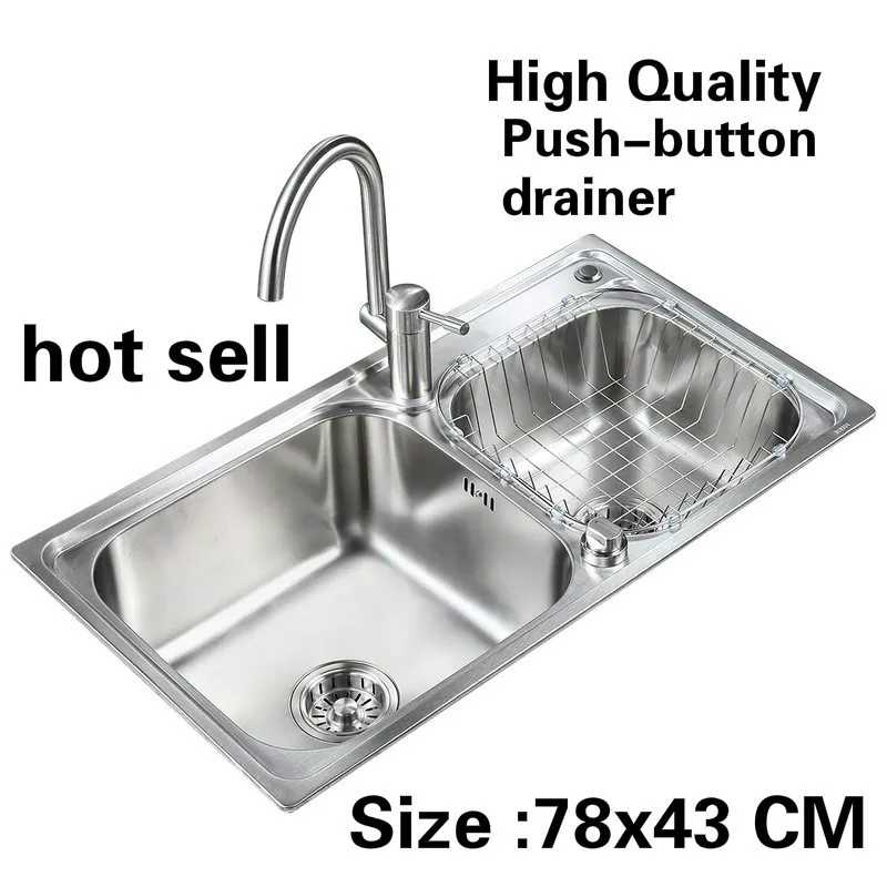 

Free shipping Apartment luxury kitchen double groove sink push-button drainer vogue 304 stainless steel hot sell 78x43 CM