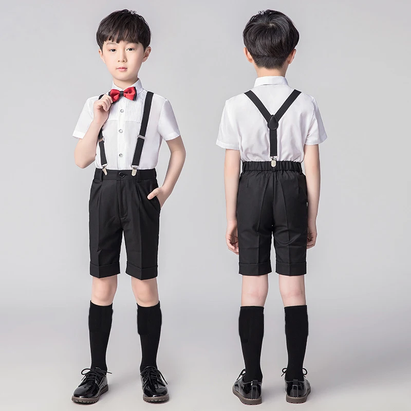 

Flower Boys Girls Summer Wedding Party Suit Shirts Strap Shorts /Skirt Bowtie Kids Formal Birthday Dress Children School Uniform