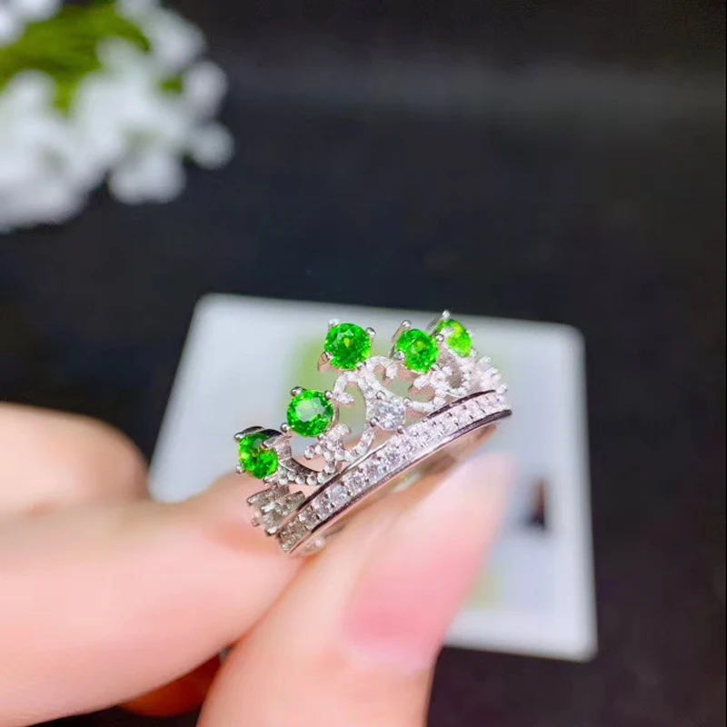 CoLife Jewelry 925 Silver Crown Ring for Young Girl 100% Natural Chrome Diopside Silver Ring Birthday Gift for Daughter