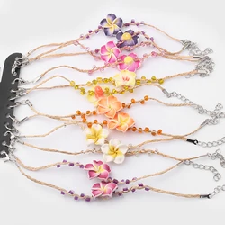 12pcs mixed color Natural Woven Raffia Plumeria Flower Clay Lucky Bracelets Fine Jewelry