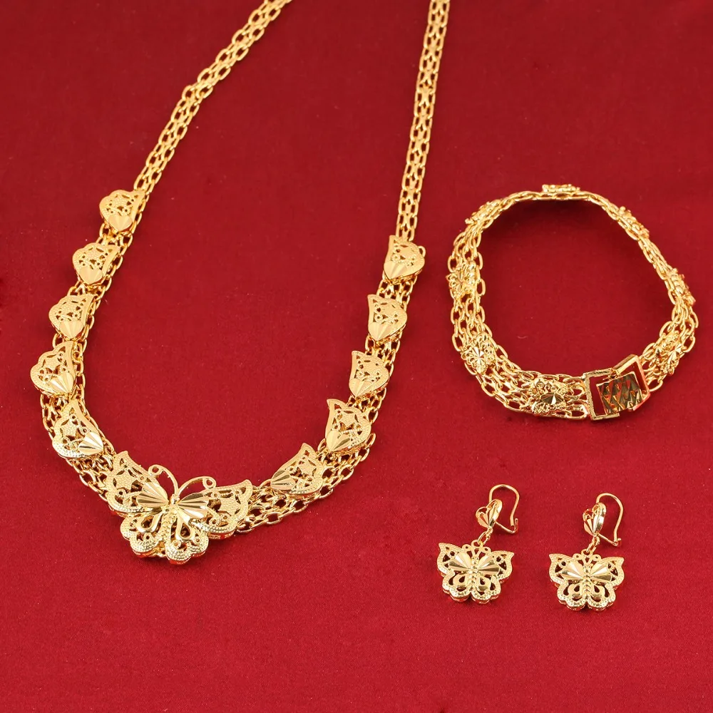 Ethiopian Wedding Jewelry Sets 24K Gold Color Butterfly Earring Bracelet Necklace Sets For Wedding Jewelry