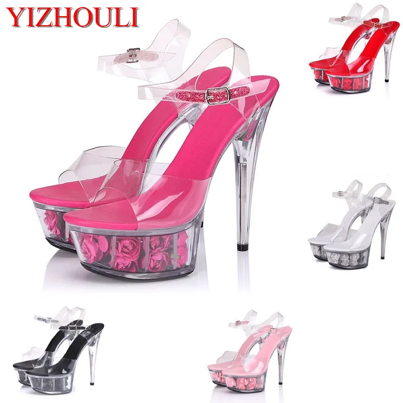 Summer wedding, new sexy heels and pink gold rose decorative platform women's shoes, 15 cm high heel Dance Shoes