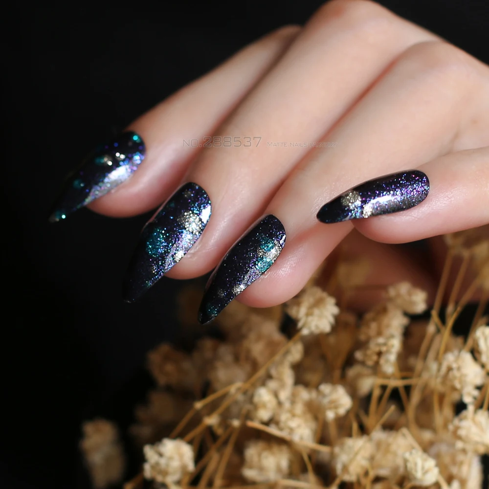 3D many flashes fake nails blue nude full cover stiletto nails 24pcs full sets Outer space Galaxy medium false nails Pointed